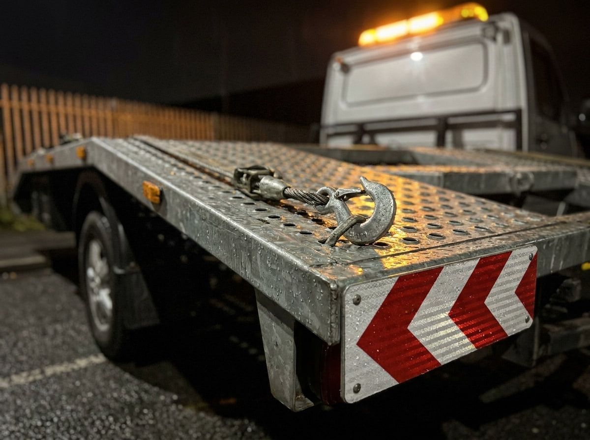 Close-up of the rain-beaded steel deck, winch hook and reflective chevron panel at night