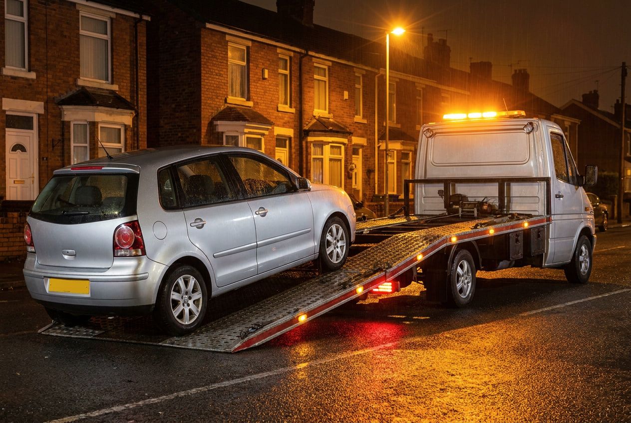 A silver hatchback being winched onto the tilted flatbed on a wet, sodium-lit terraced street at night